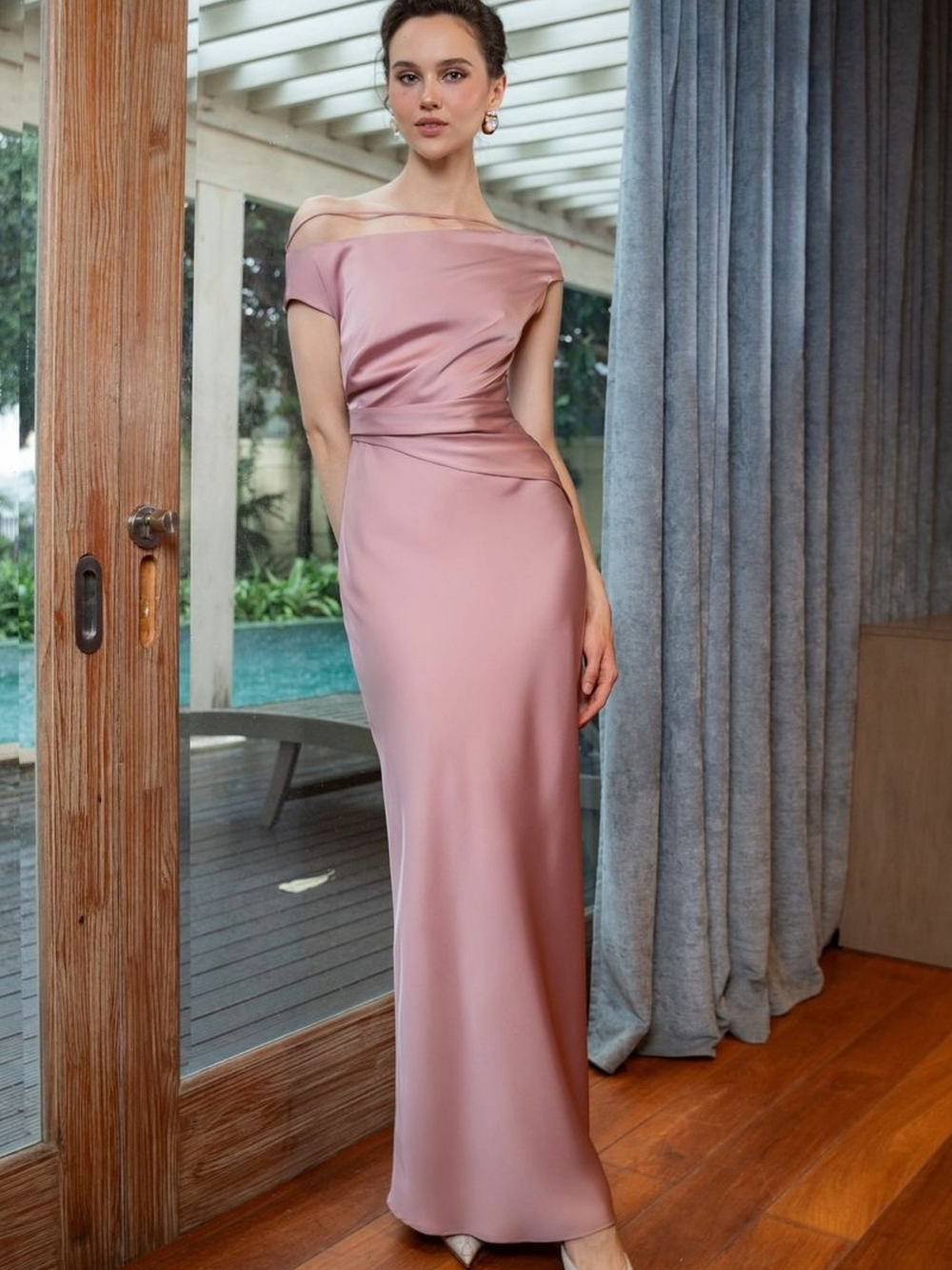 AROTAGAS 100% Silk Off-Shoulder Rose Pink Gown